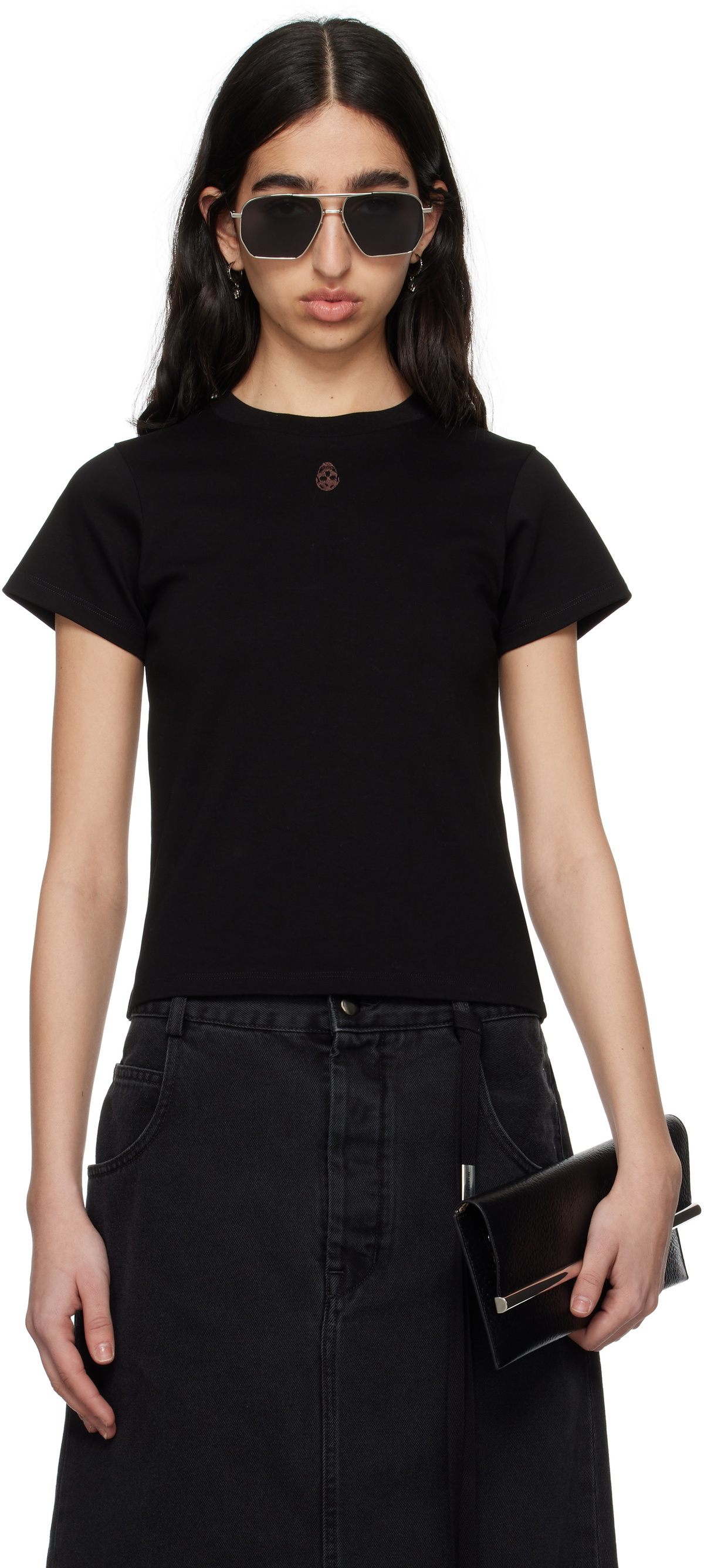 McQueen Black Embroidered Skull T-shirt