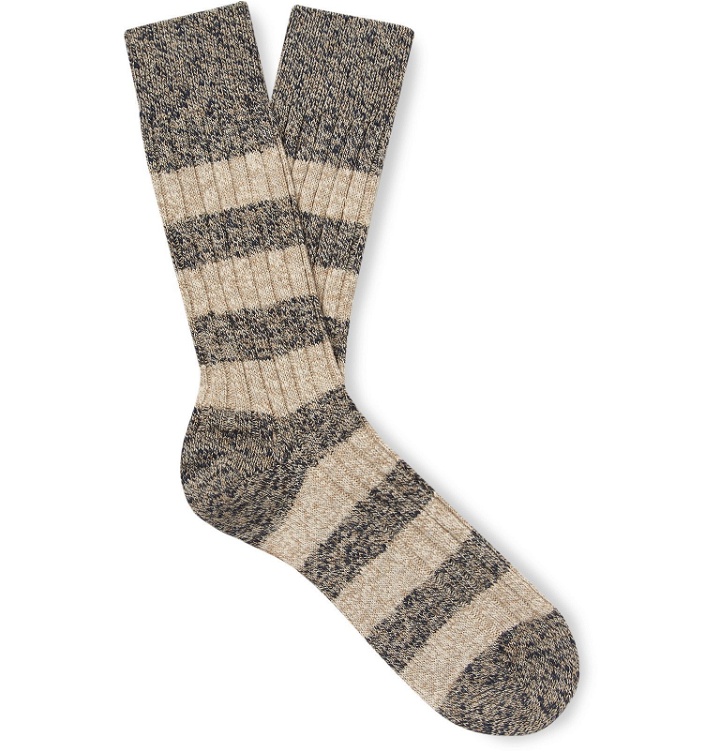 Photo: Pantherella - Eden Striped Ribbed Mélange Cotton-Blend Socks - Neutrals