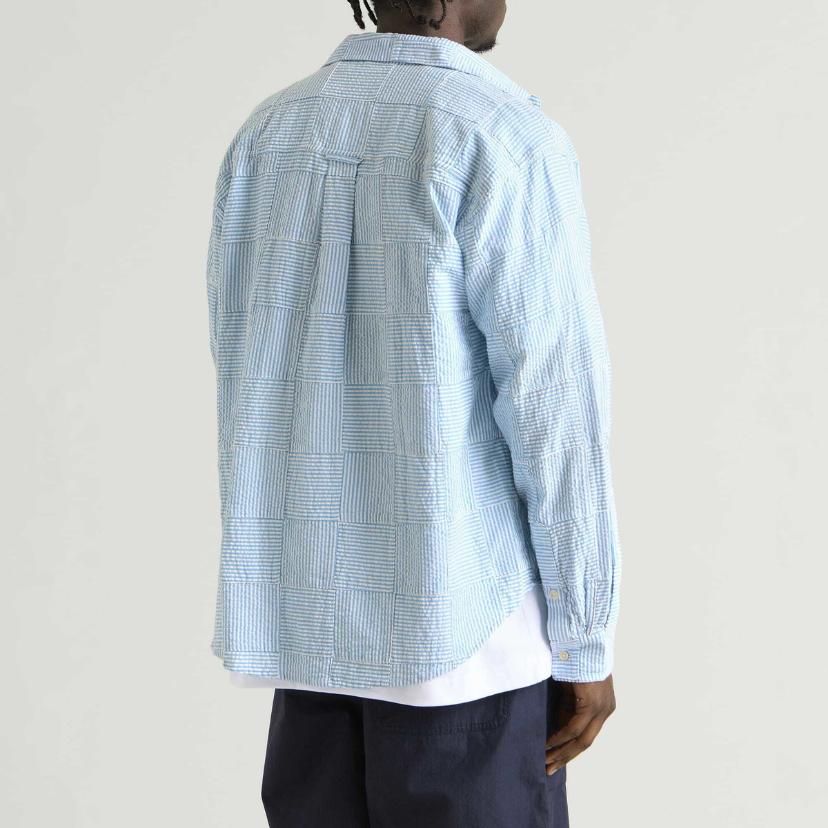 Café Mountain Men's Patchwork Stripe Heritage Shirt in Sky Blue Seersucker