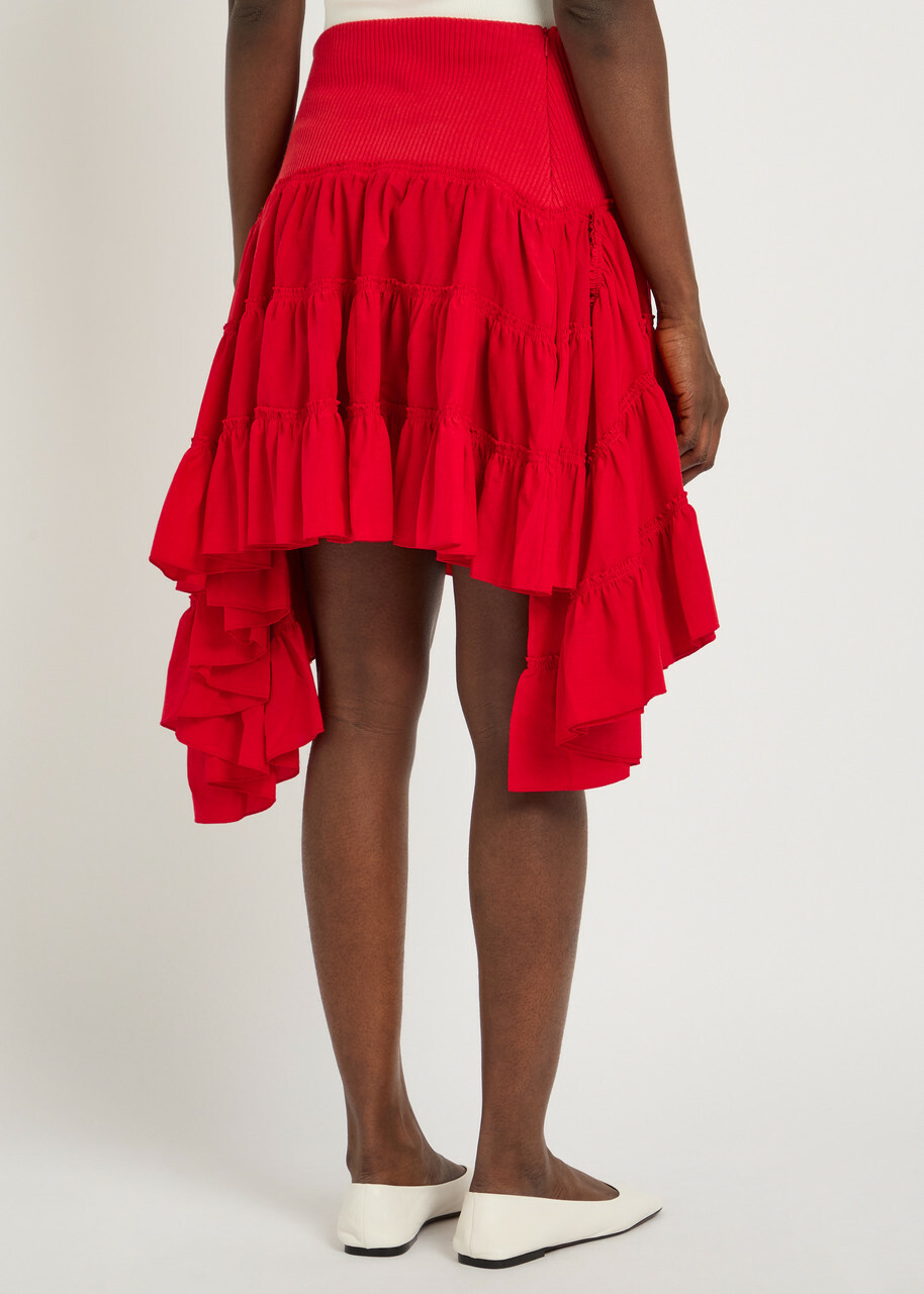 JW Anderson Ruffle Asymmetric Silk and Cotton-blend Skirt Red