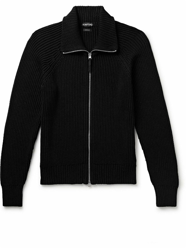 Photo: TOM FORD - Slim-Fit Ribbed Silk and Cotton-Blend Zip-Up Cardigan - Black