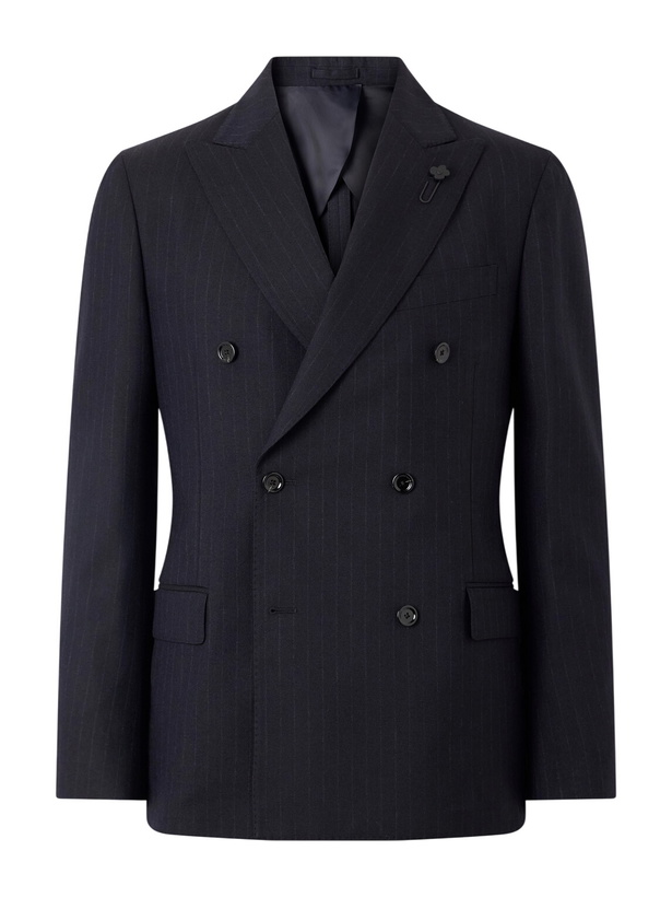 Photo: Lardini - Double-Breasted Pintriped Wool Suit Jacket - Blue