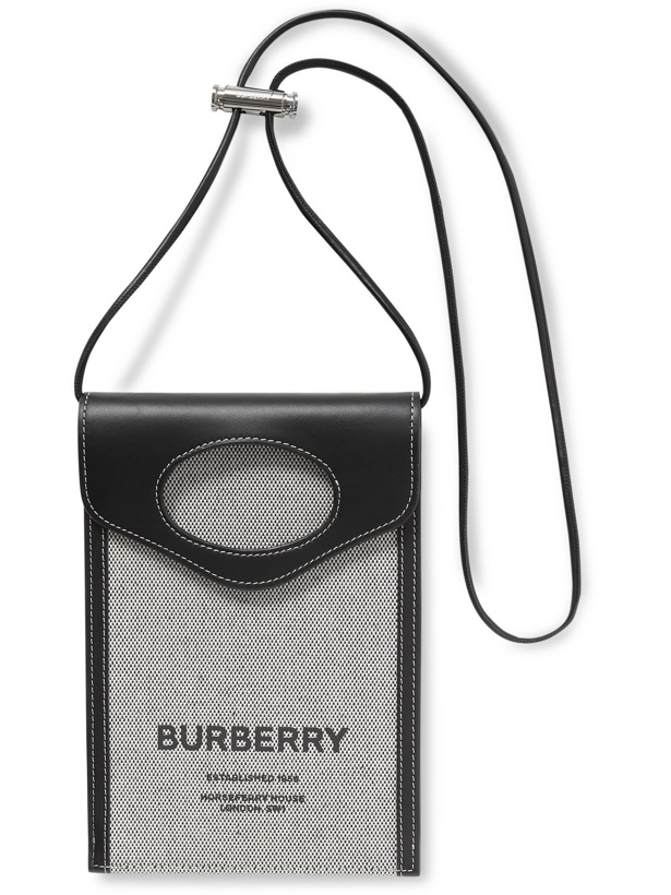 Photo: BURBERRY - Leather-Trimmed Logo-Print Canvas Pouch with Lanyard - Gray