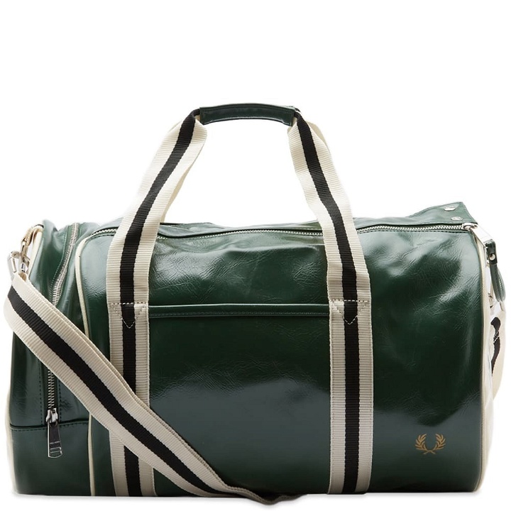 Photo: Fred Perry Authentic Men's Classic Barrel Bag in Tartan Green/Ecru