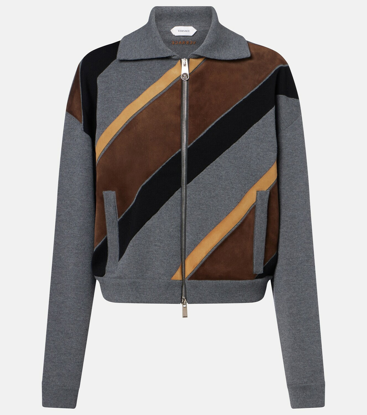 Versace Suede-trimmed wool-blend zip-up sweater