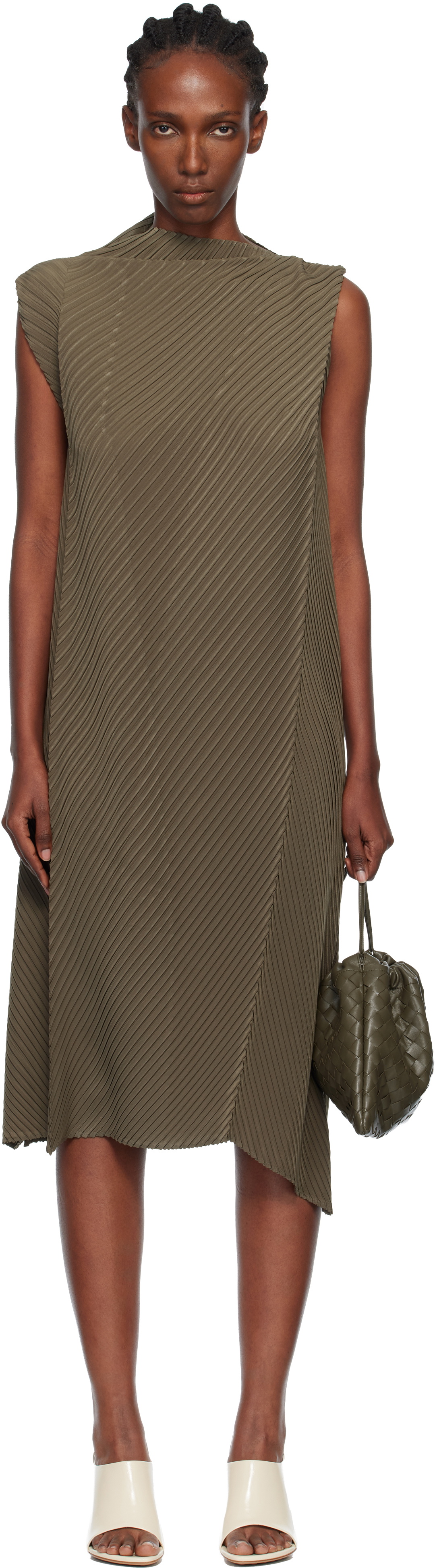 ISSEY MIYAKE Khaki Soft Fold Pleats Midi Dress