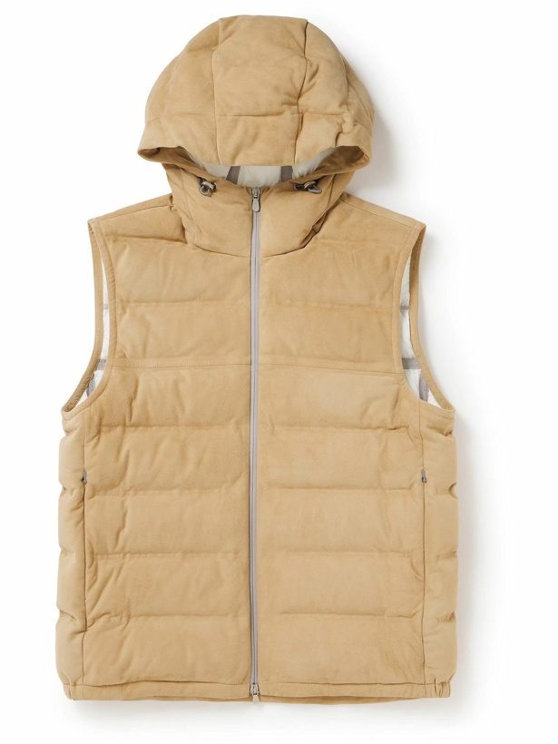 Photo: Brunello Cucinelli - Quilted Suede Hooded Down Gilet - Neutrals