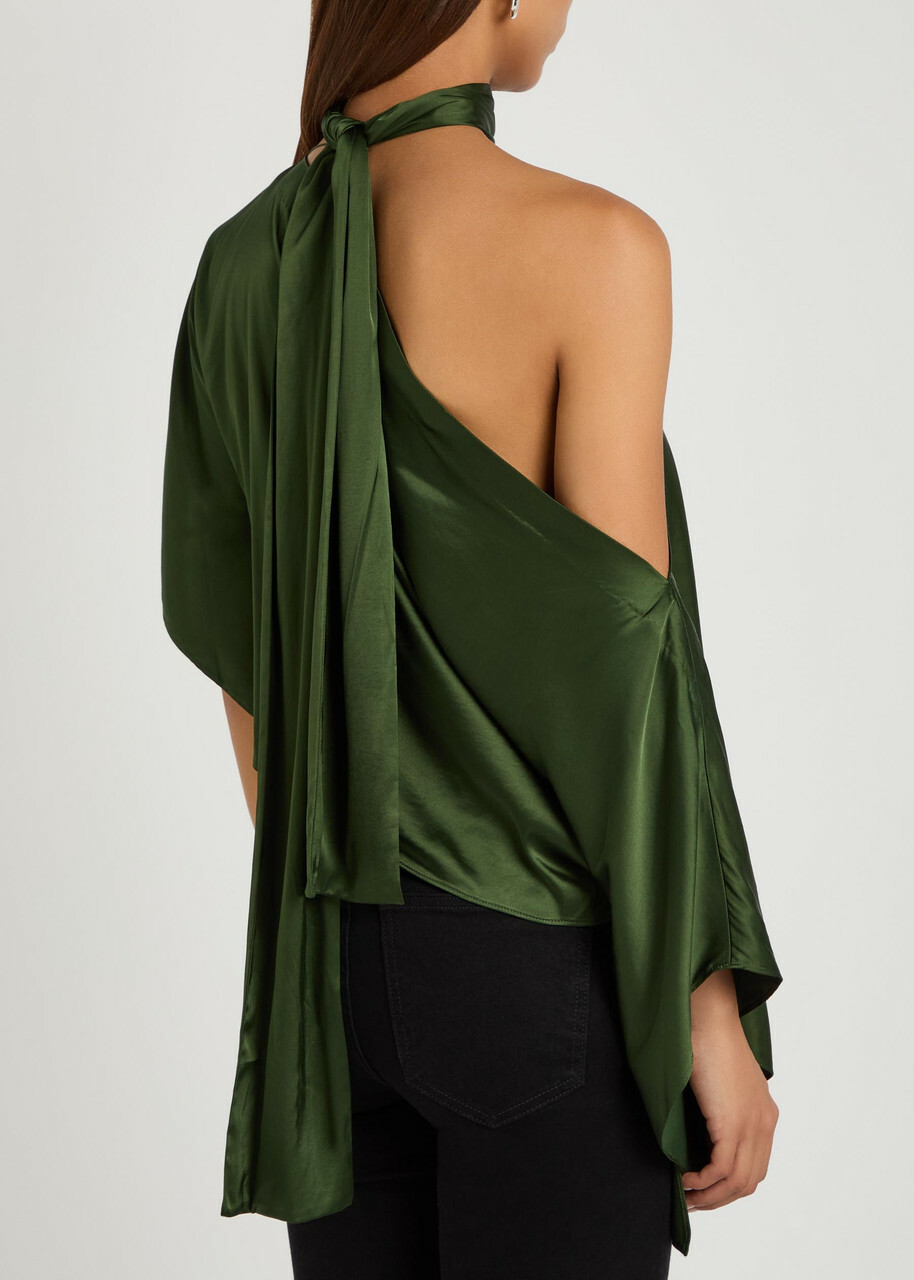 Alice + Olivia Rita Draped Asymmetric Satin top Dark Green