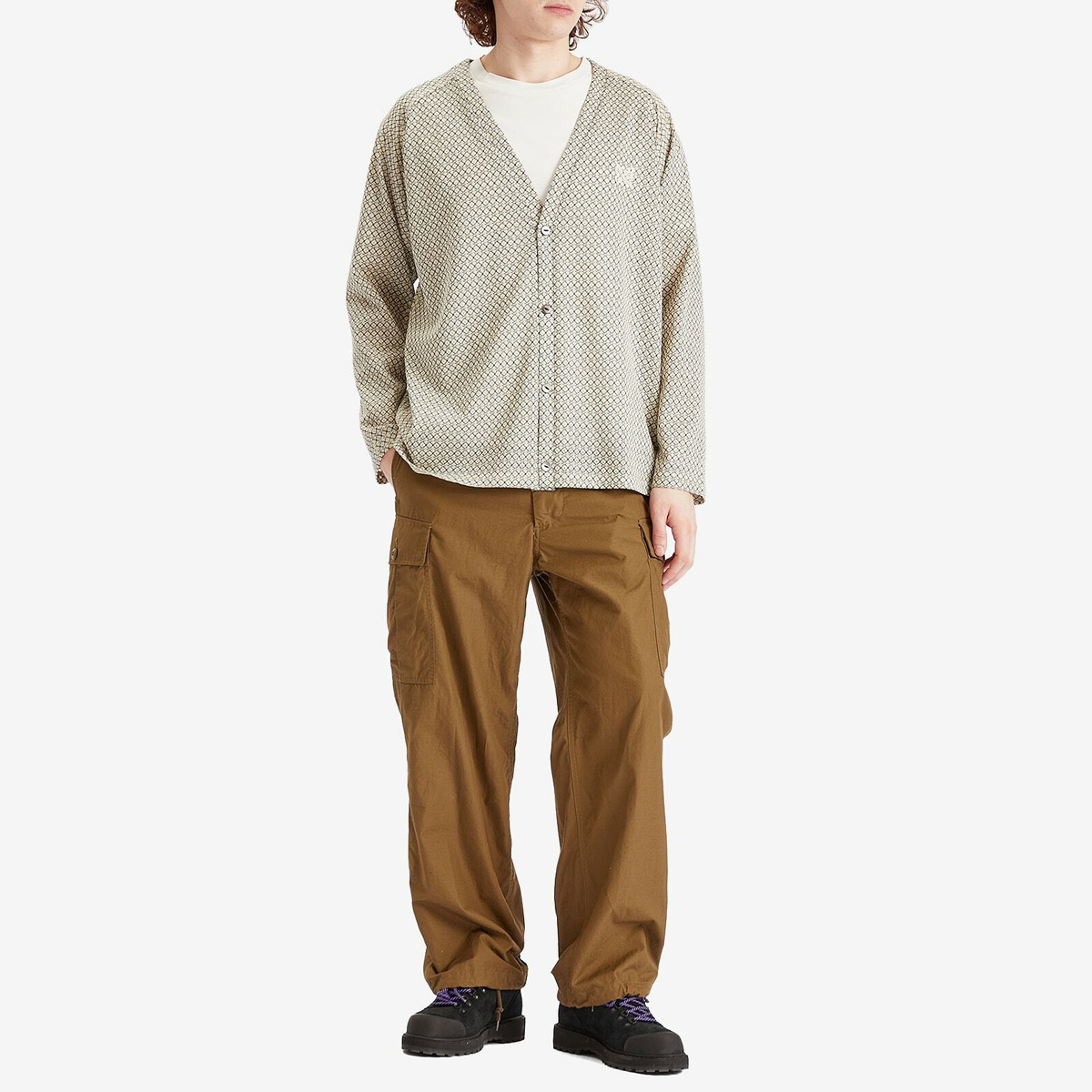 Needles Men's Woven V-Neck Cardigan in Natural/Black Grid