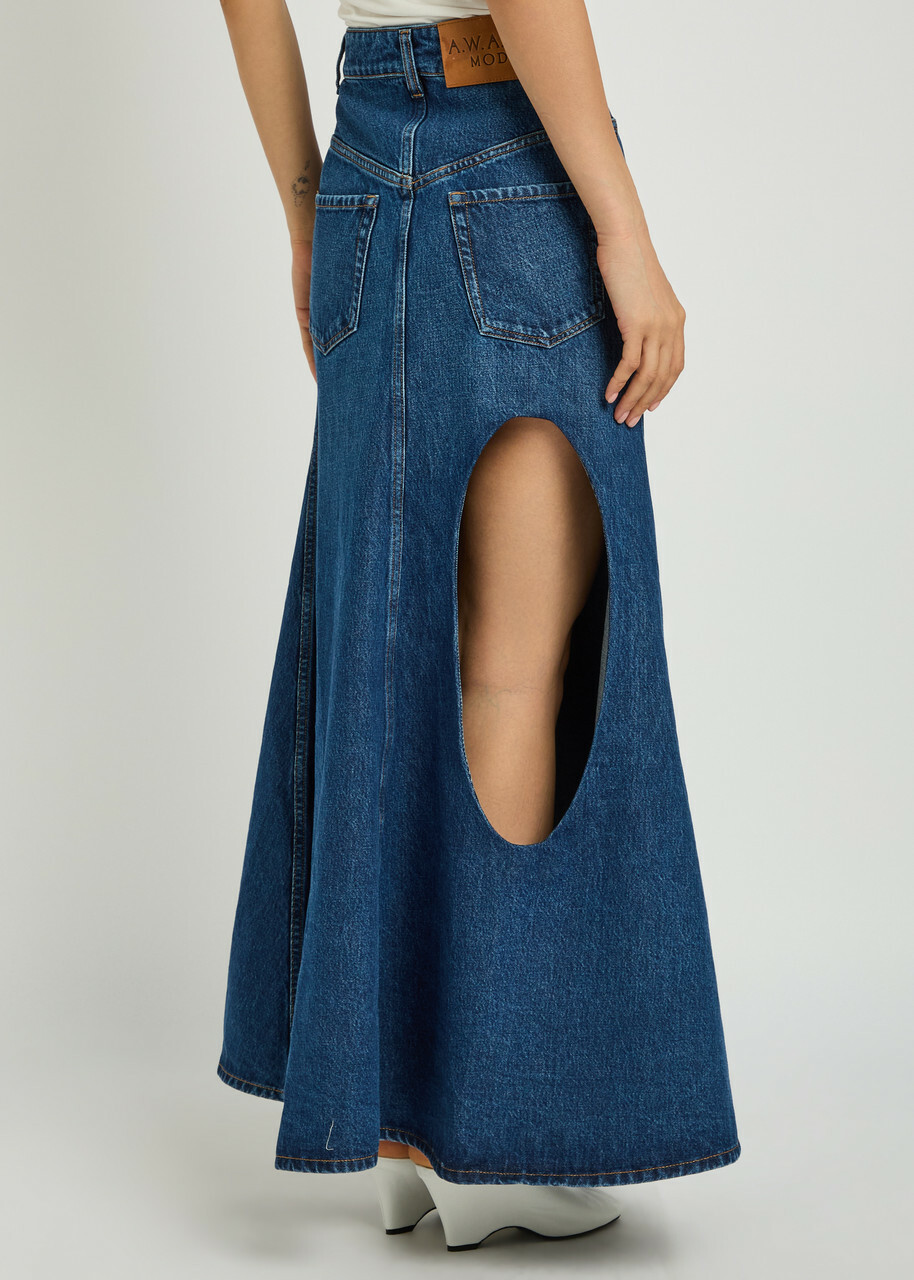 A.W.A.K.E Mode Cut-out Flared Denim Midi Skirt Blue