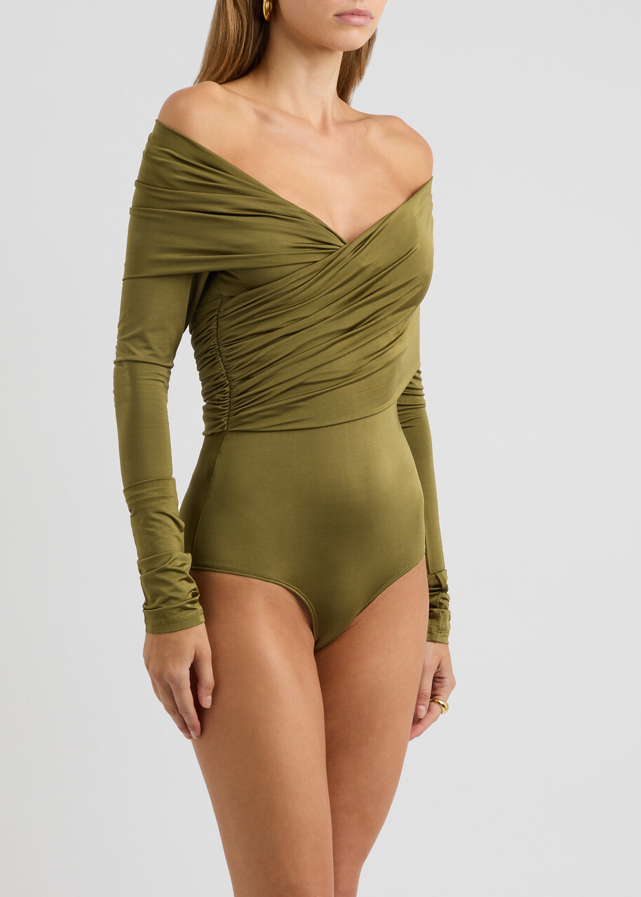 Paris Georgia Otto Off-the-shoulder Stretch-jersey Bodysuit Olive