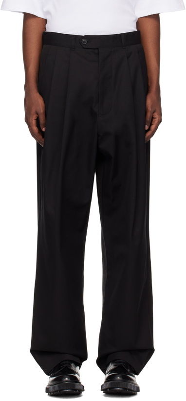Photo: Lownn Black Cotton Gabardine Double Pleated Wide Trousers