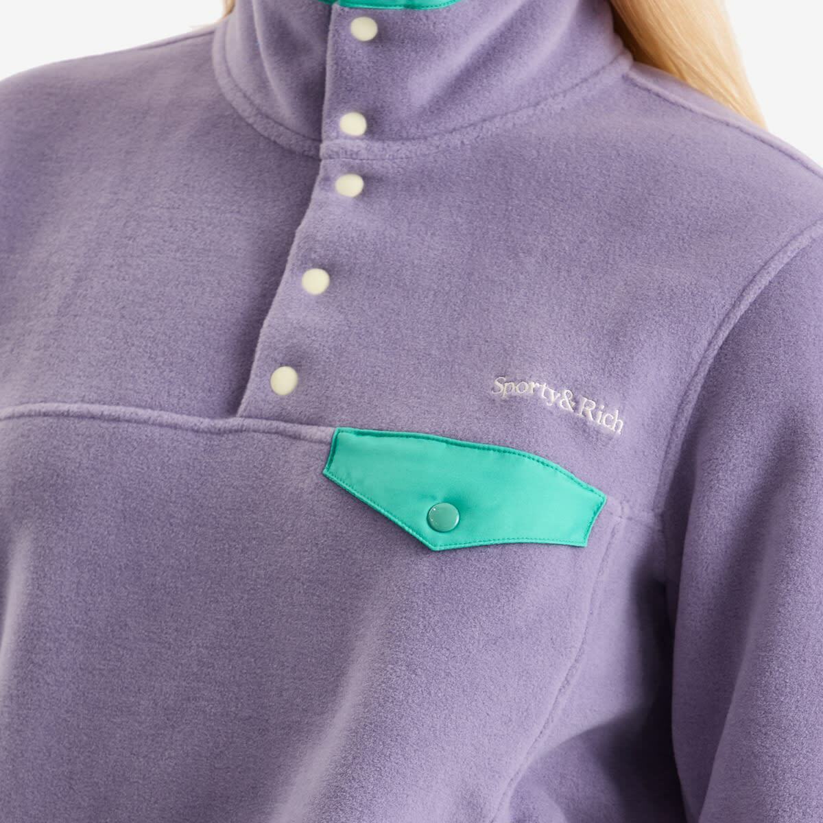 Sporty & Rich Women's Serif Logo Polar Sweatshirt in Dusty Grape Spring Green/Cream