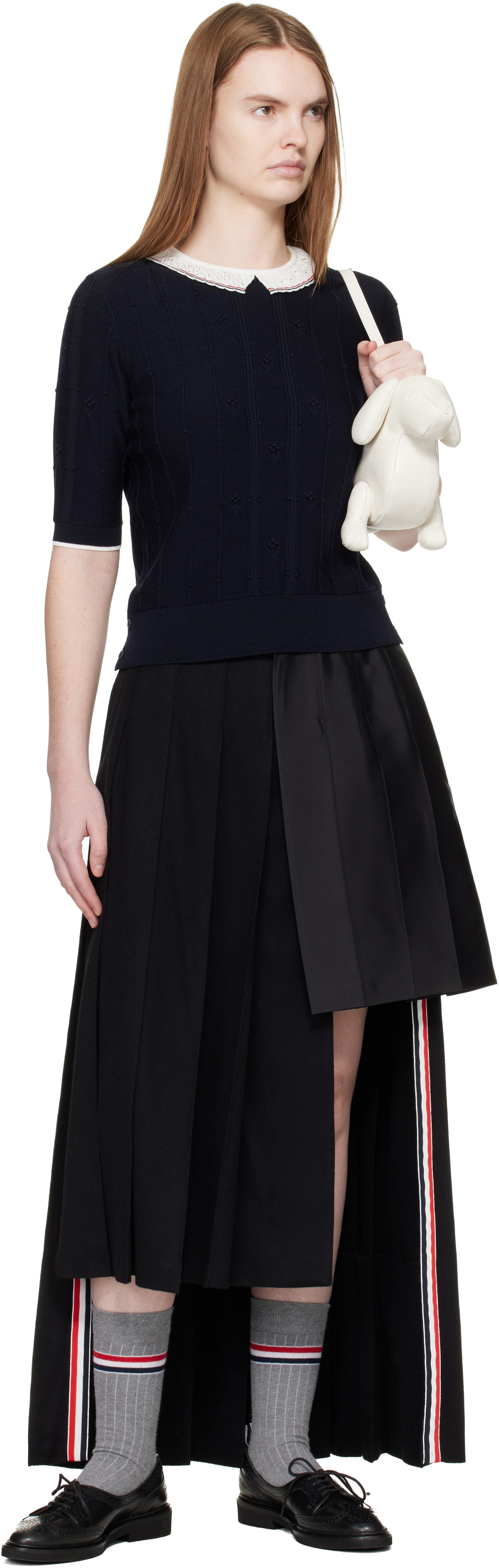 Thom Browne Navy Bobble Stitch Short Sleeve Sweater