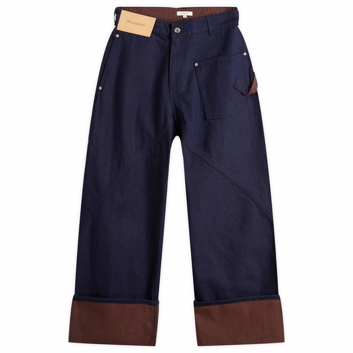 Photo: JW Anderson Men's Turn Up Twisted Workwear Jeans in Blue/Red