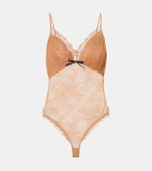 Self-Portrait Embroidered lace-trimmed mesh bodysuit