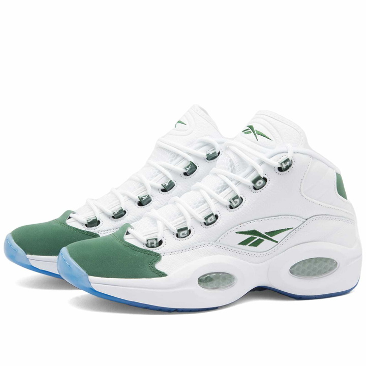 Photo: Reebok Men's Question Mid Sneakers in White/Pine Green/White