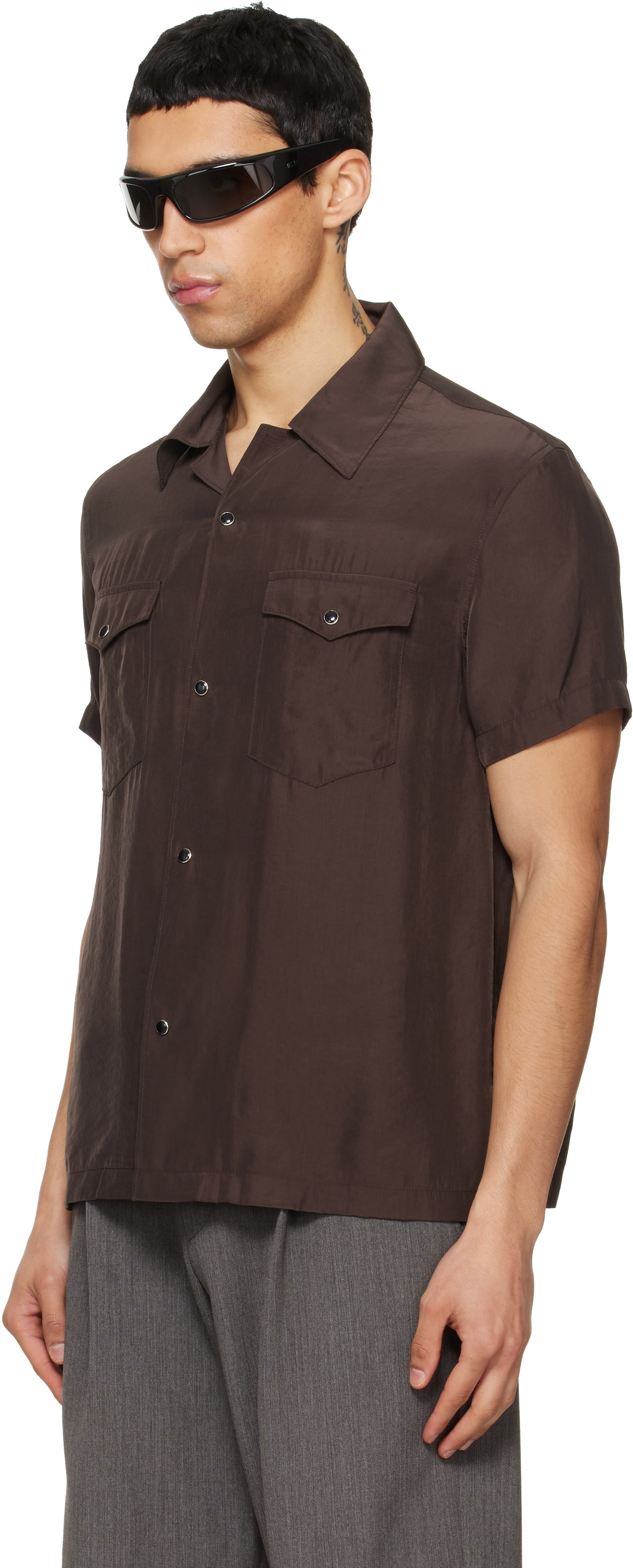 TONYWACK Brown Washed Rayon Pearl Snap Shirt