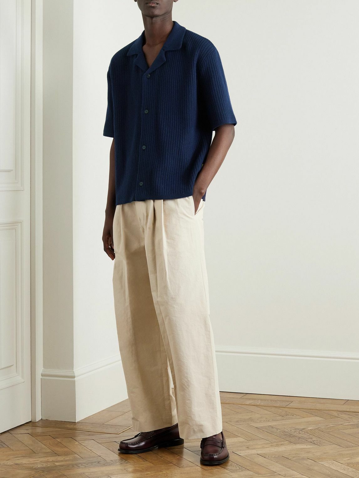 LE 17 SEPTEMBRE　DRAWCORD COLLAR JUMPER LE 17 SEPTEMBRE - Camp-Collar Ribbed-Knit Shirt - Blue