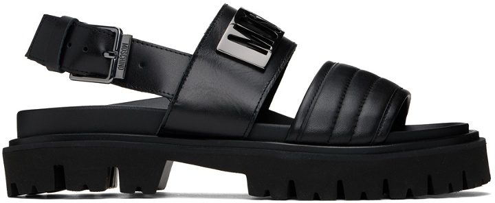 Photo: Moschino Black Maxi Logo Plate Calfskin Sandals