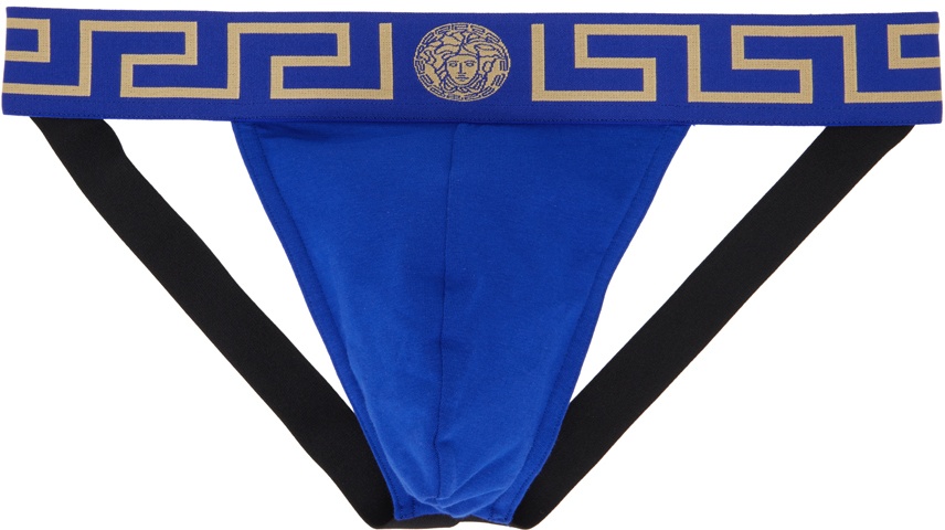 Versace Underwear Blue Greca Border Jockstrap Versace Underwear