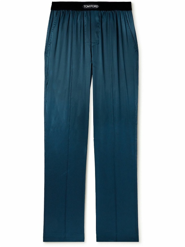 Photo: TOM FORD - Velvet-Trimmed Stretch-Silk Satin Pyjama Trousers - Blue