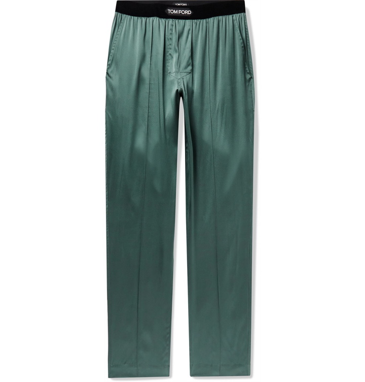Photo: TOM FORD - Velvet-Trimmed Stretch-Silk Satin Pyjama Trousers - Green
