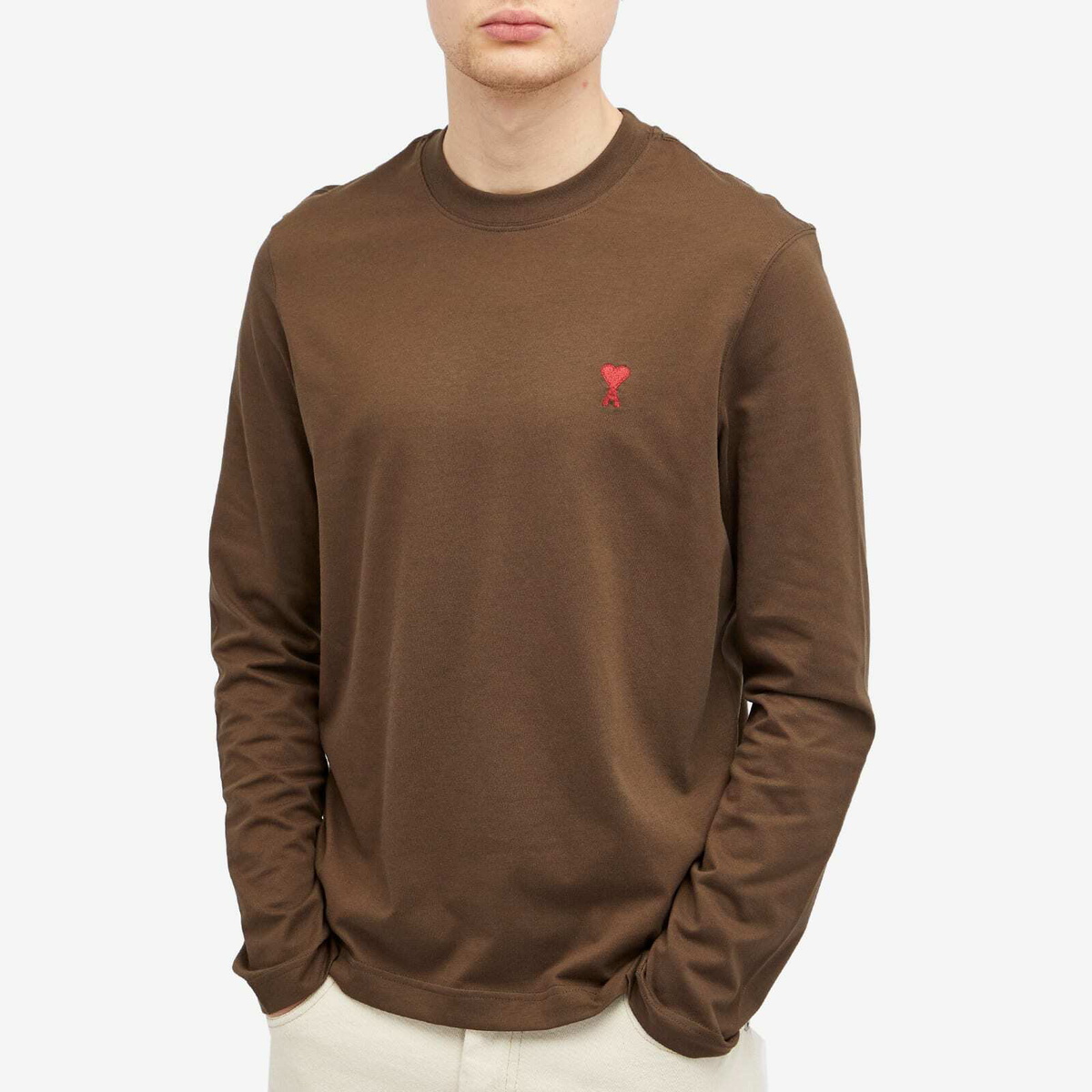 AMI Paris Men's Small A Heart Long Sleeve T-Shirt in Dark Coffee