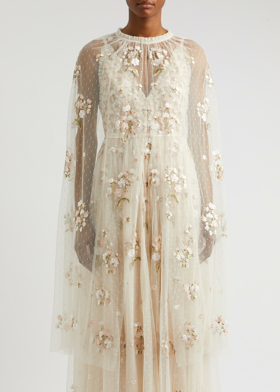 Needle & Thread Posy Floral-embroidered Tulle Cape Cream