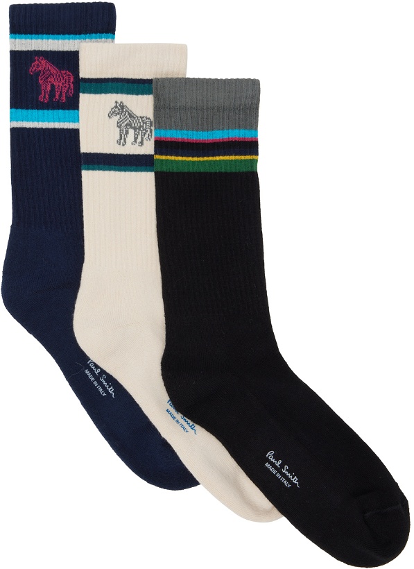 Photo: PS by Paul Smith Three-Pack Multicolor Zebra Stripe Socks