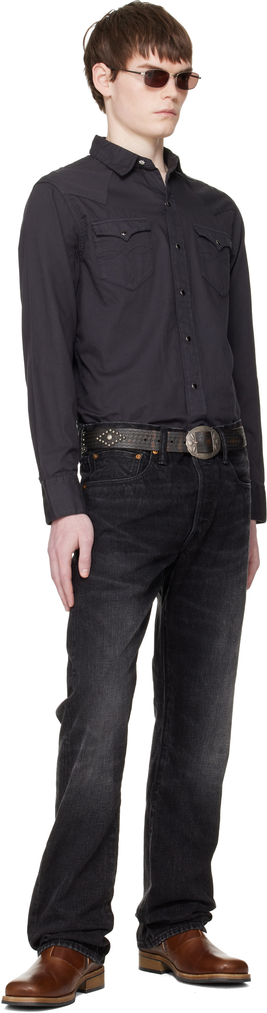 RRL Black Slim Boot Distressed Selvedge Jeans