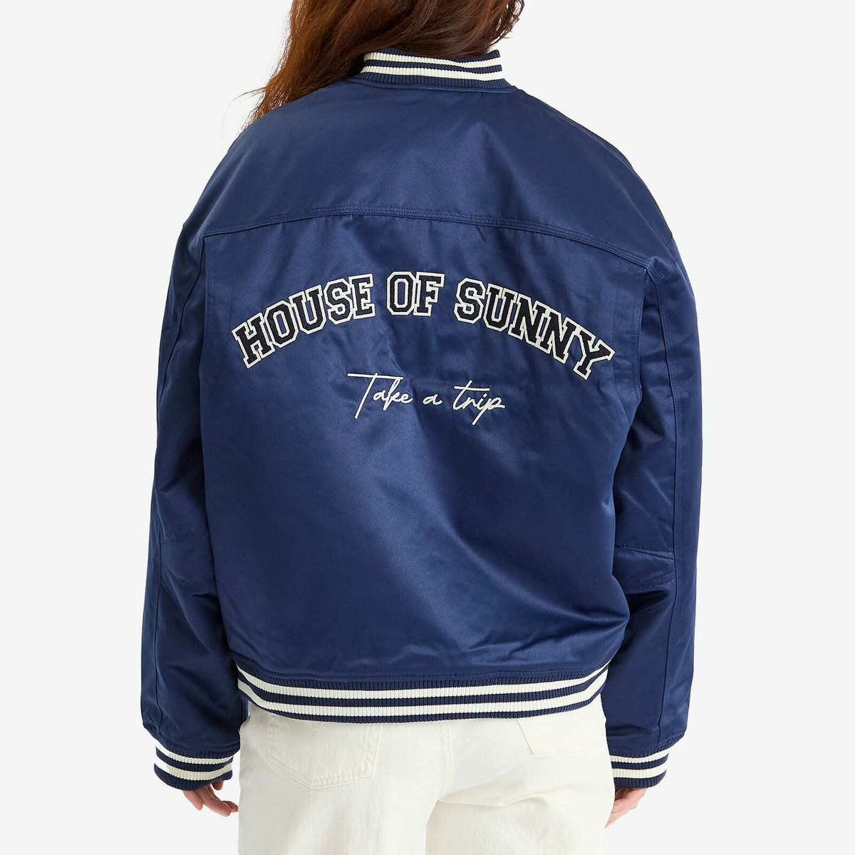 House Of Sunny Women's Satin Cult Bomber Jacket in True Navy