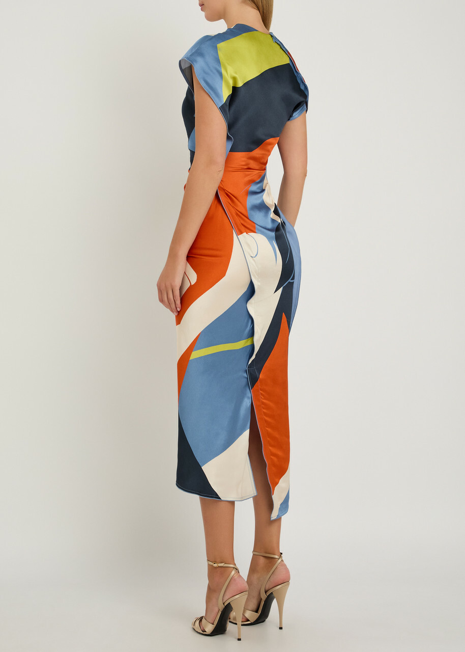 Victoria Beckham Victoria Printed Draped Satin Midi Dress Multicoloured