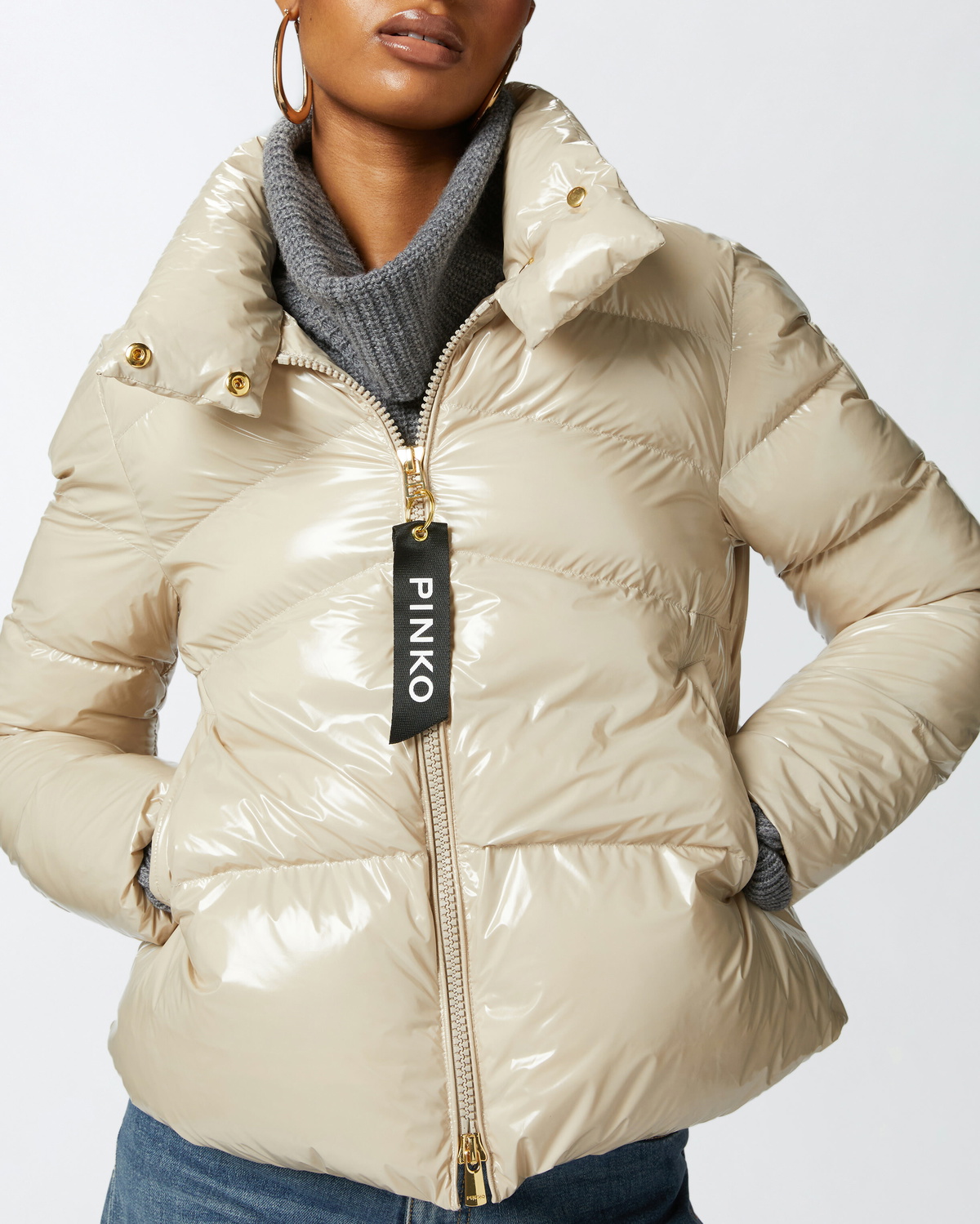 Pinko Padded Crystal Nylon Pea Jacket Beige Pinko