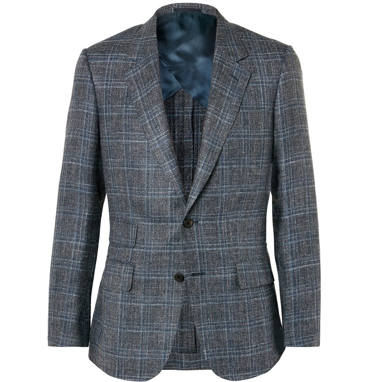 Photo: Kingsman - Grey Harry Slim-Fit Checked Silk, Linen and Wool-Blend Blazer - Gray
