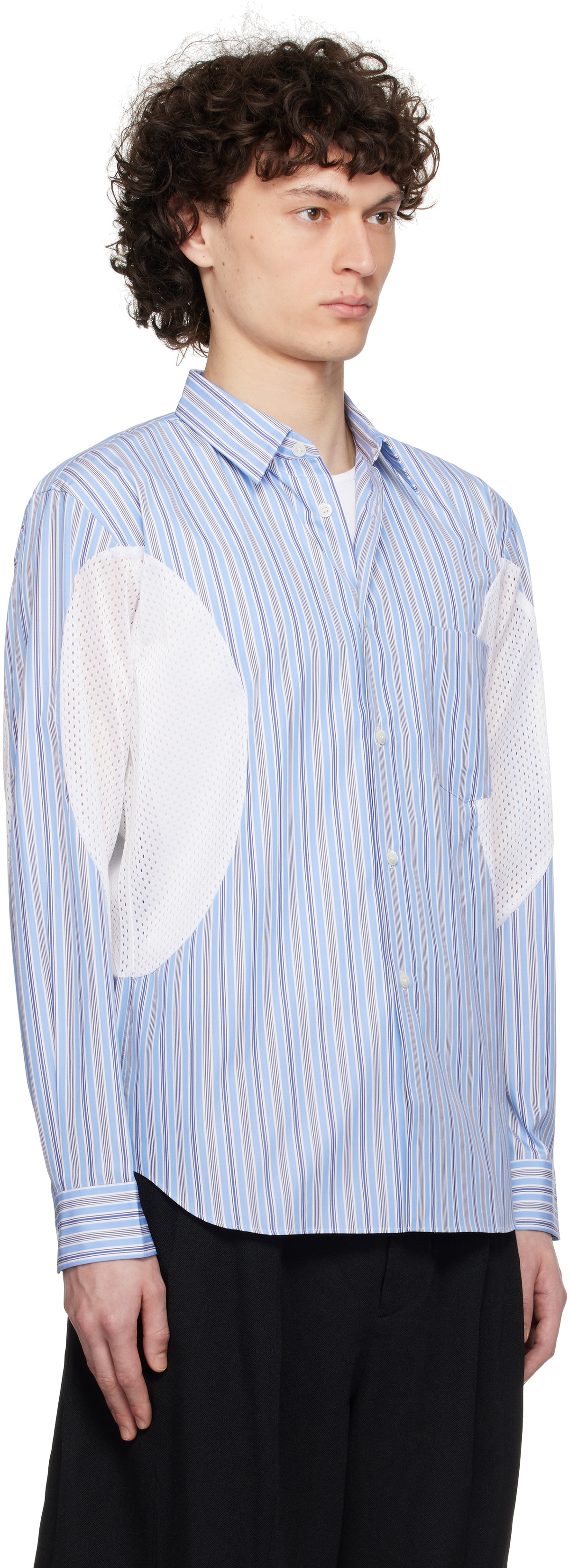 Comme des Garçons Homme Deux Blue Cotton Broad Stripe x Polyester Mesh Shirt