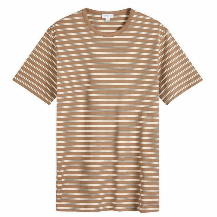 Photo: Sunspel Men's Classic Crew Neck Stripe T-Shirt in Dark Sand/Ecru Tramline Stripe