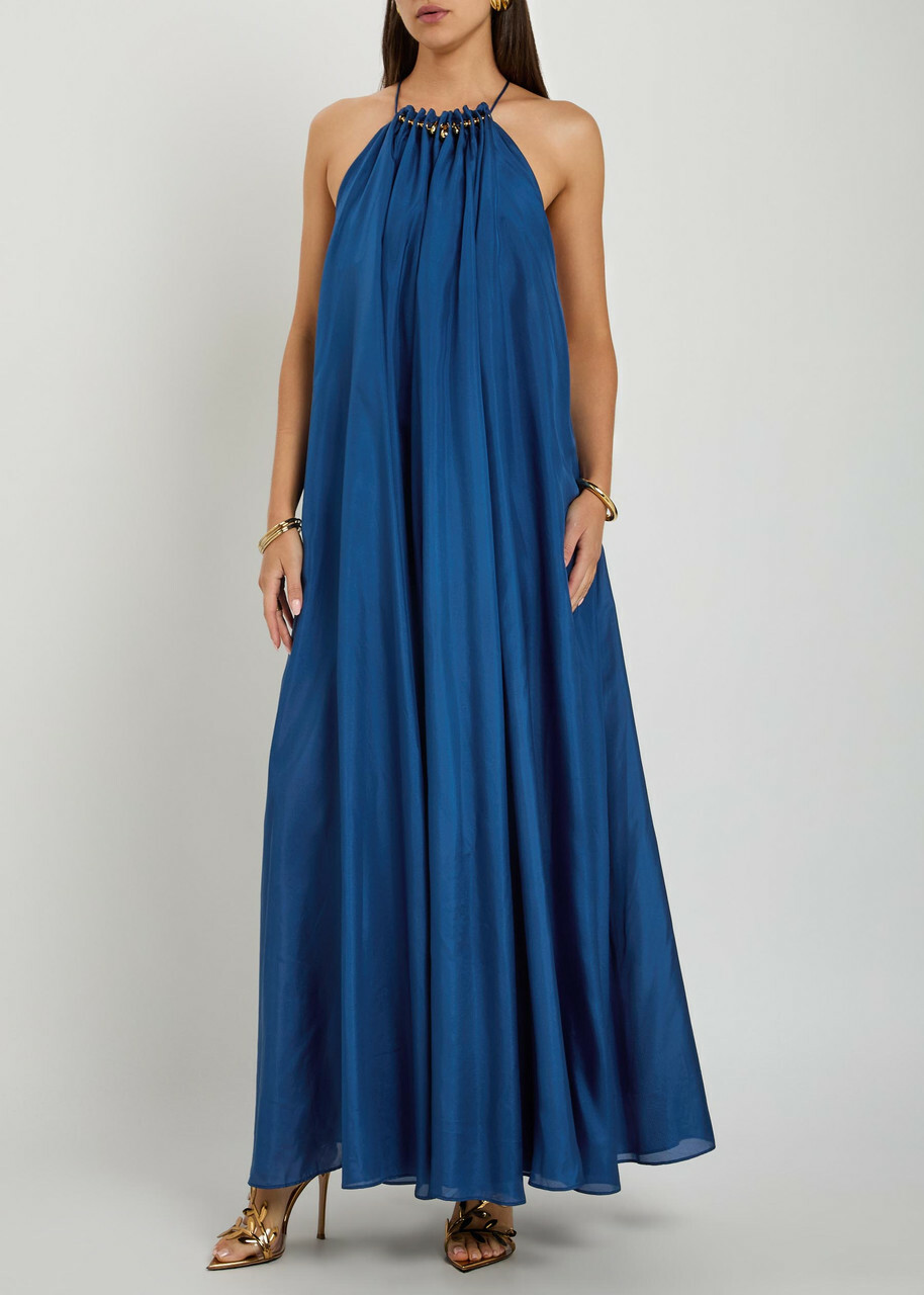 Zimmermann Aster Gathered Silk Maxi Dress Dark Blue