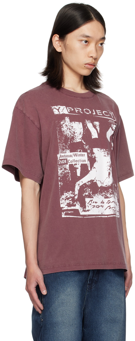 Y/Project Burgundy Rock Band Print Pinched Logo T-Shirt