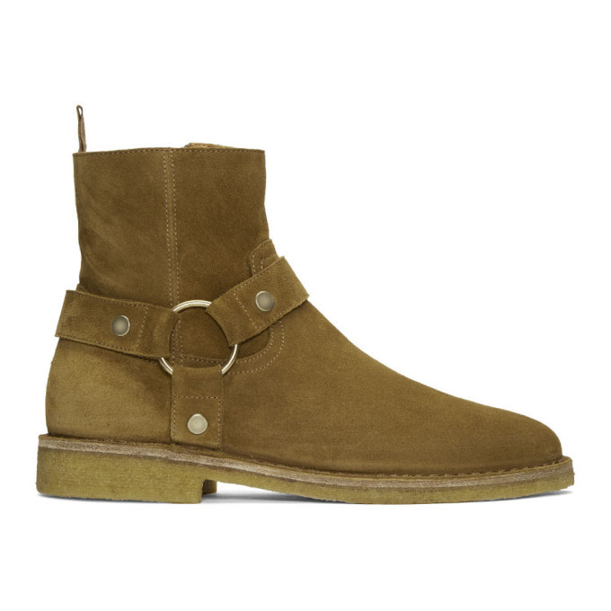 Photo: Saint Laurent Tan Suede Nevada Harness Boots