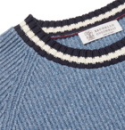 Brunello Cucinelli - Contrast-Trimmed Mélange Cotton-Blend Sweater - Men - Blue