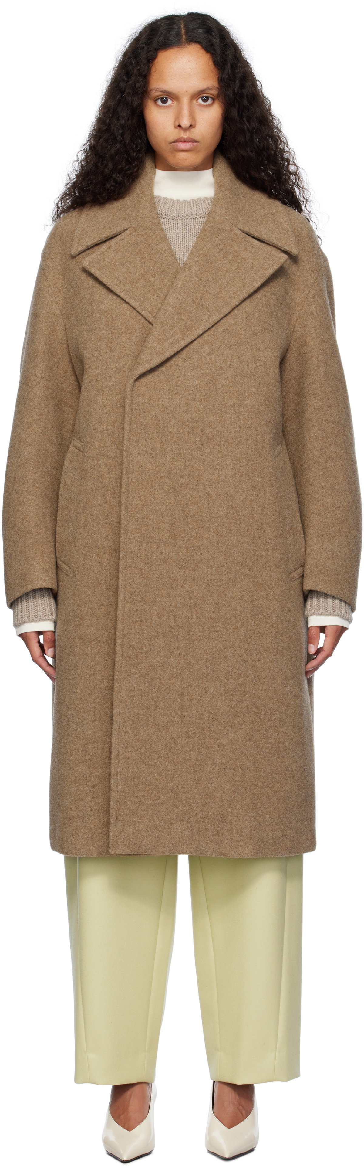 AURALEE Brown Sponge Wool Melton Double-Breasted Coat Auralee