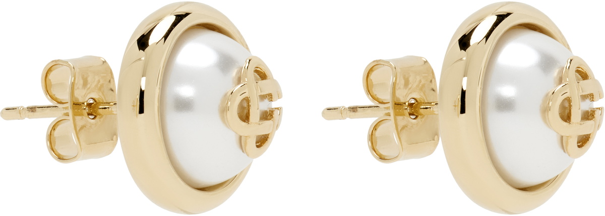 Casablanca Gold & White Faux-Pearl Logo Stud Earrings