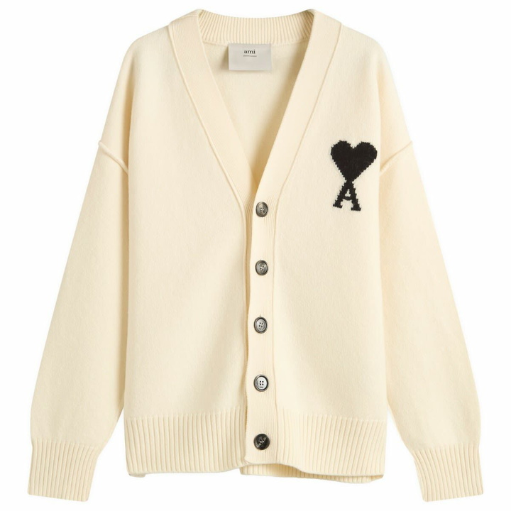 Photo: AMI Paris Men's Felted Merino Wool Knit ADC Cardigan in Ecru/Noir