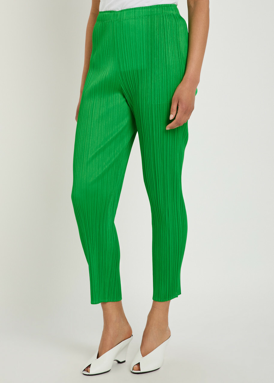 Pleats Please Issey Miyake Pleated Tapered-leg Woven Trousers Green