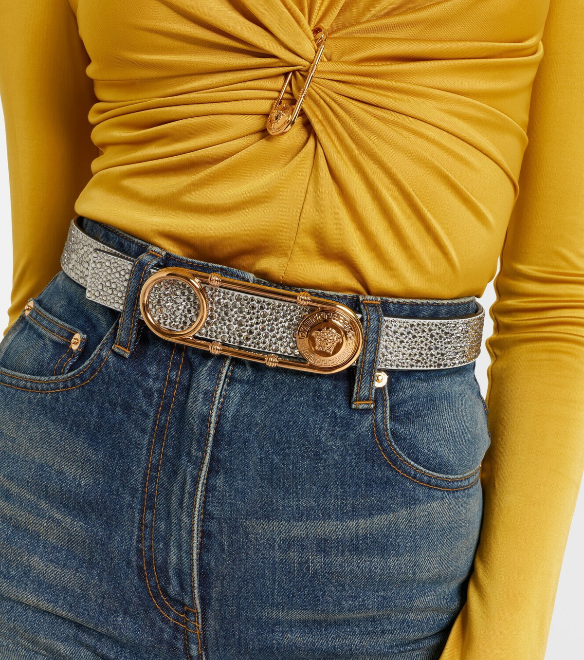 Versace Safety Pin embellished leather belt