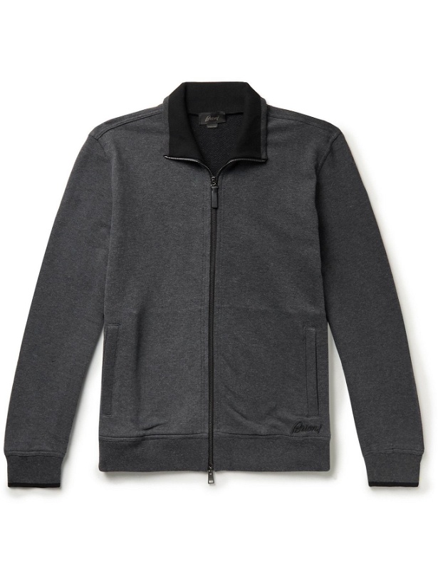 Photo: Brioni - Cotton-Blend Jersey Zip-Up Sweatshirt - Gray