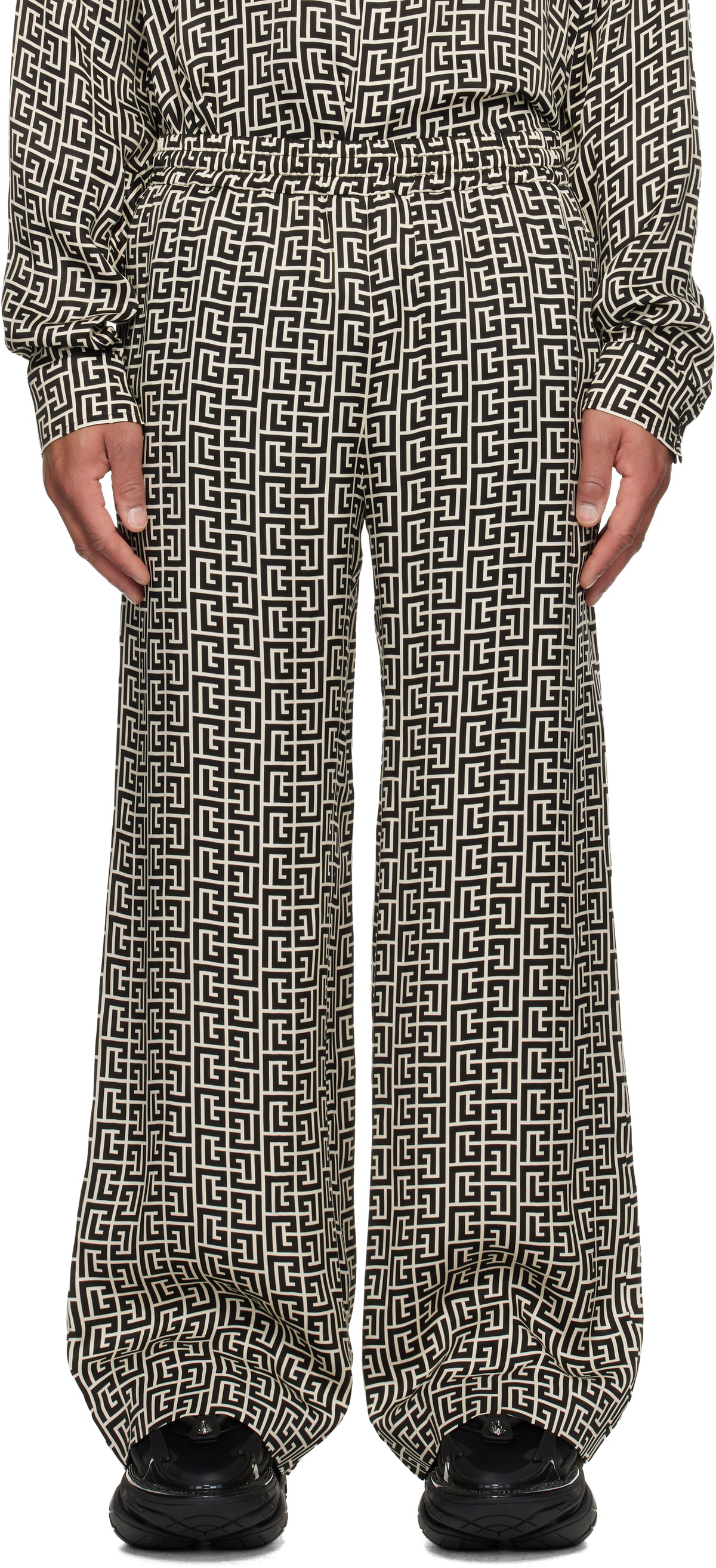 Balmain Off-White & Black Monogrammed Flowing Trousers