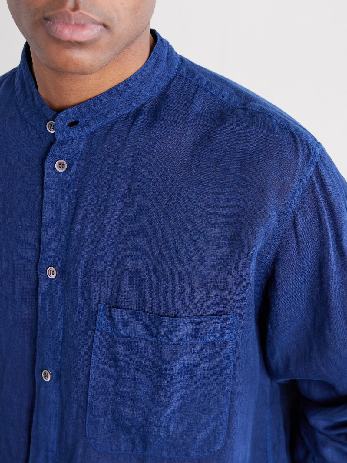 Blue Blue Japan - Grandad-Collar Linen-Chambray Shirt - Blue