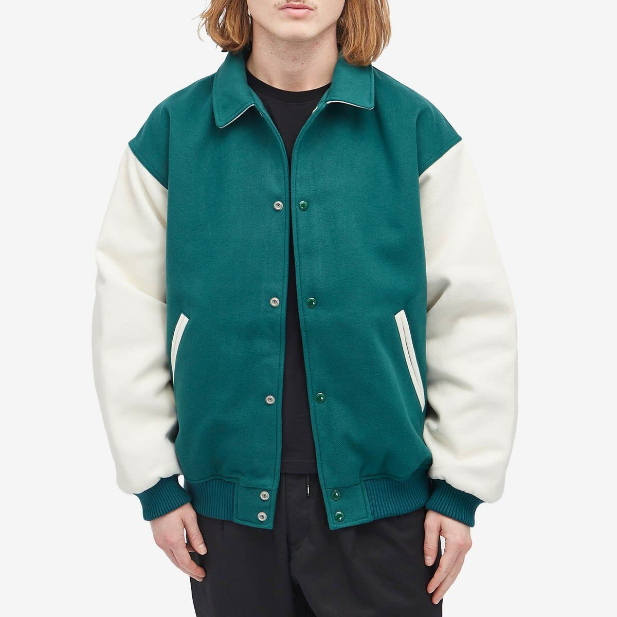 BEAMS Men's Fleece Stadium Coach Jacket in Green/Off White BEAMS Men's Fleece Stadium Coach Jacket in Green/Off White